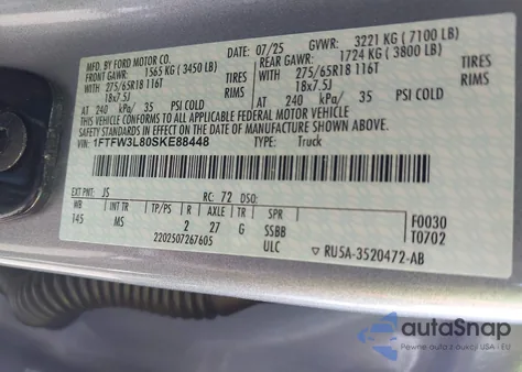 2025 Ford F-150 Xlt из США, поврежденный, VIN 1FTFW3L80SKE88448